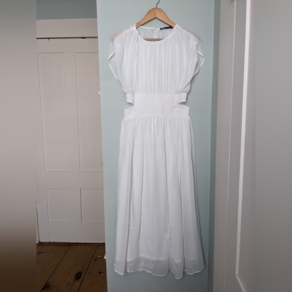 Zara White Semi Sheer Gauze Long Dress XS Cut Out Greek Goddess Gown